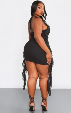 Plus Black Halter Neck Frilled Mini Dress