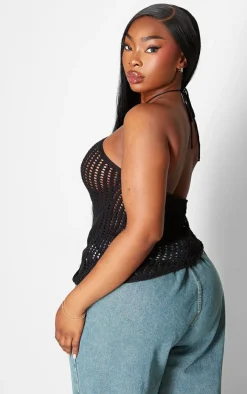 Plus Black Halterneck Ring Detail Asymmetric Knit Top