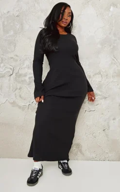 Plus Black Heavy Brushed Rib Tie Back Maxi Dress