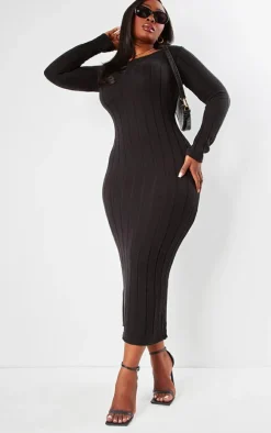 Plus Black Knitted Wide Ribbed Scoop Back Maxi Dress