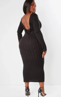 Plus Black Knitted Wide Ribbed Scoop Back Maxi Dress