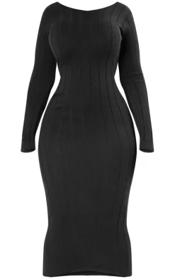 Plus Black Knitted Wide Ribbed Scoop Back Maxi Dress