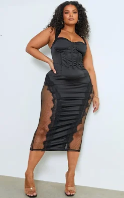 Plus Black Lace Trim Corset Midi Dress