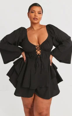 Plus Black Lace Up Long Sleeve Romper