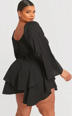 Plus Black Lace Up Long Sleeve Romper