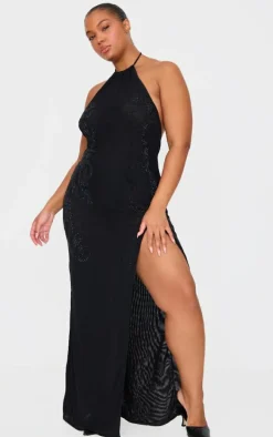 Plus Black Lined Mesh Diamante Detail Split Maxi Dress
