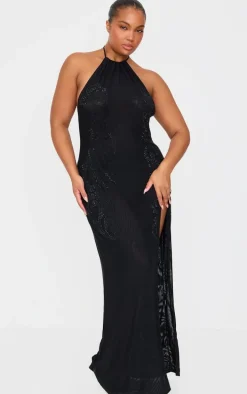 Plus Black Lined Mesh Diamante Detail Split Maxi Dress