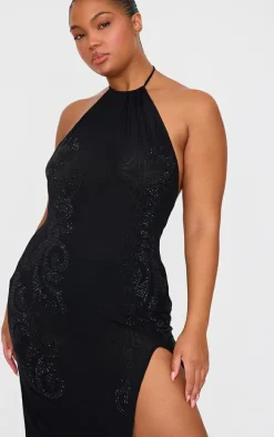 Plus Black Lined Mesh Diamante Detail Split Maxi Dress
