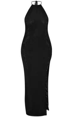 Plus Black Lined Mesh Diamante Detail Split Maxi Dress