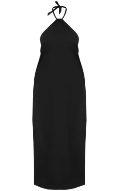 Plus Black Linen Look Knot Halterneck Maxi Dress