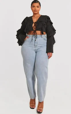 Plus Black Linen Ruffle Front Tie Front Cropped Shirt