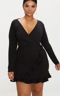 Plus Black Long Sleeve Ruffle Wrap Dress