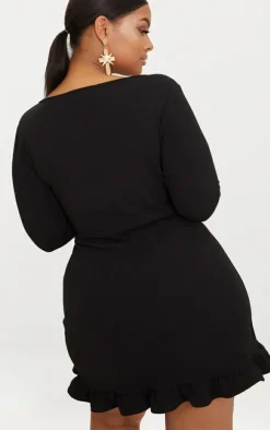 Plus Black Long Sleeve Ruffle Wrap Dress