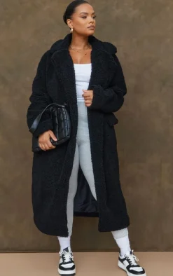 Plus Black Longline Borg Coat