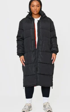 Plus Black Maxi Contrast Hooded Puffer Jacket