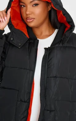 Plus Black Maxi Contrast Hooded Puffer Jacket