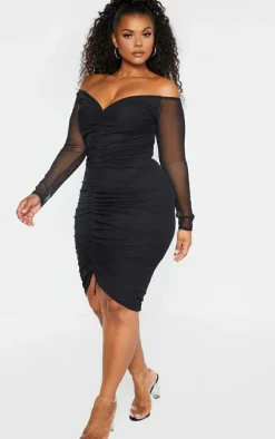 Plus Black Mesh Ruched Bardot Midi Dress