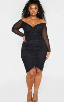 Plus Black Mesh Ruched Bardot Midi Dress