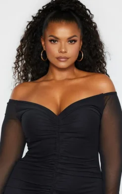 Plus Black Mesh Ruched Bardot Midi Dress