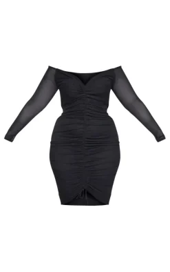 Plus Black Mesh Ruched Bardot Midi Dress