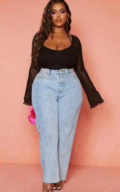 Plus Black Mesh Sleeve Halter Neck Bodysuit