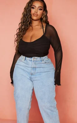 Plus Black Mesh Sleeve Halter Neck Bodysuit