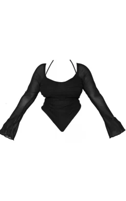 Plus Black Mesh Sleeve Halter Neck Bodysuit