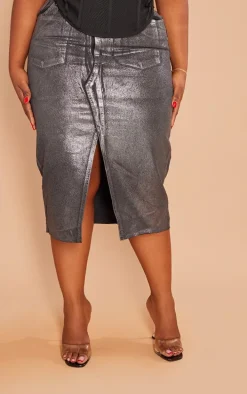 Plus Black Metallic Detail Midi Denim Skirt