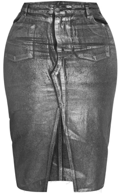 Plus Black Metallic Detail Midi Denim Skirt