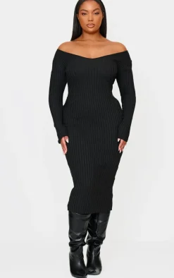 Plus Black Off Shoulder Rib Knitted Midaxi Dress
