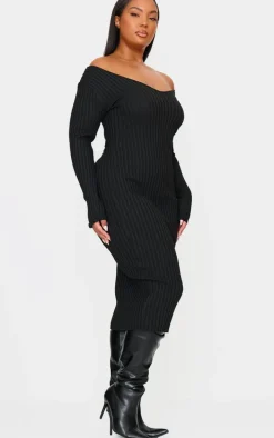 Plus Black Off Shoulder Rib Knitted Midaxi Dress