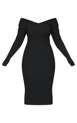 Plus Black Off Shoulder Rib Knitted Midaxi Dress