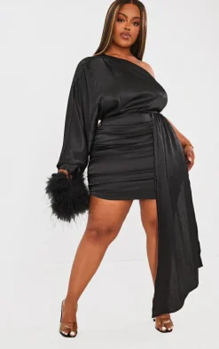 Plus Black One Shoulder Drape Detail Mini Dress