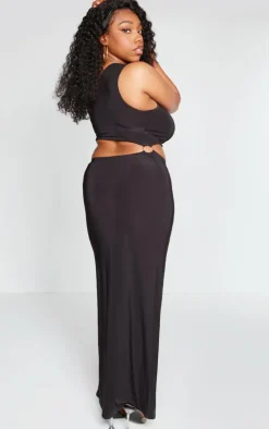 Plus Black One Shoulder Ring Detail Cut Out Maxi Dress