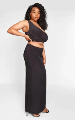 Plus Black One Shoulder Ring Detail Cut Out Maxi Dress