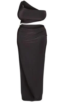 Plus Black One Shoulder Ring Detail Cut Out Maxi Dress