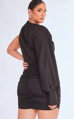 Plus Black One Sleeve Ruched Woven Bodycon Dress