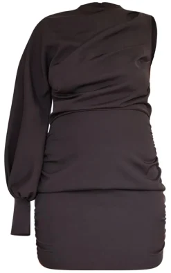 Plus Black One Sleeve Ruched Woven Bodycon Dress