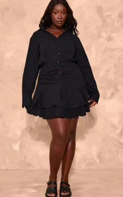 Plus Black Oversized Shirt Frill Detail Shift Dress