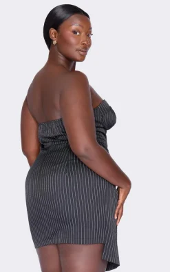 Plus Black Pinstripe Bandeau Knot Detail Mini Dress