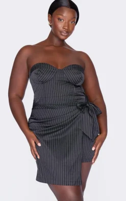 Plus Black Pinstripe Bandeau Knot Detail Mini Dress