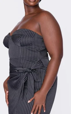 Plus Black Pinstripe Bandeau Knot Detail Mini Dress