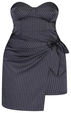 Plus Black Pinstripe Bandeau Knot Detail Mini Dress