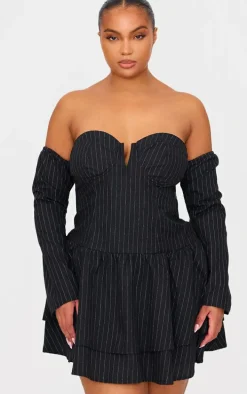 Plus Black Pinstripe Cup Detail Bardot Shift Dress
