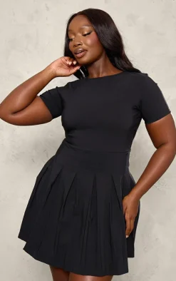 Plus Black Pleat Hem Detail Tailored Mini Dress