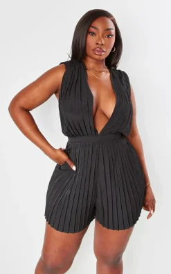 Plus Black Pleated Shoulder Pad Plunge Romper