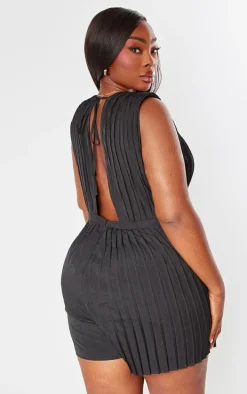 Plus Black Pleated Shoulder Pad Plunge Romper