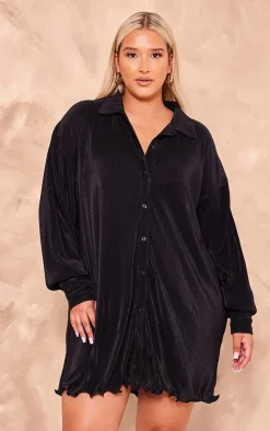 Plus Black Plisse Frill Hem Shirt Dress