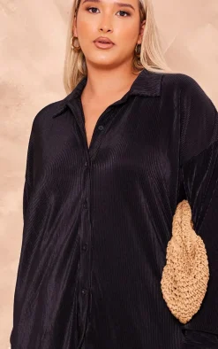 Plus Black Plisse Frill Hem Shirt Dress