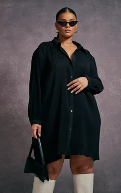 Plus Black Plisse Oversized Shirt Dress